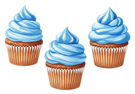 Illustration of Three Delicious Blue Frosted Cupcakes on Transparent Background - Powered by Adobe