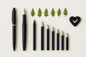Elegant flat lay composition of black fountain pen, pencil set, small green leaves, and heart-shaped object on white background symbolizing creativity, balance, and eco lifestyle

