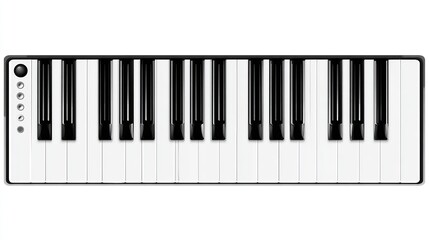 Top-down view of a compact, black & white piano keyboard, with controls on left