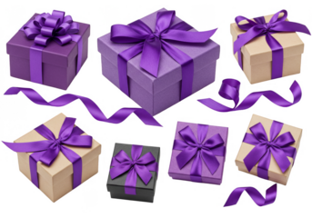 Isolated PNG Several Wrapped Purple Gift Boxes with Bows and Ribbons