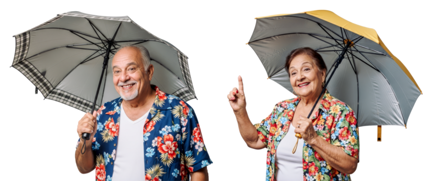 Happy Latin Senior Couple with Umbrellas for sun protection