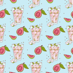 Seamless Pattern Guava Pink Drink with ice cubes and Mint on blue Background with tropical Fruit slices. Summer Refreshing Cocktail. Vector illustration