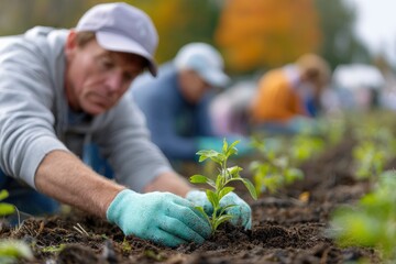 A man planting a seedling in soil while others work in the background