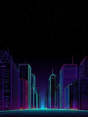 Fototapeta premium Futuristic cityscape poster with glowing neon lights and high-tech architecture, representing innovation, technology, and modern urban development for visionary corporate branding