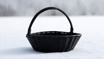 Black silhouette of a traditional handwoven basket with curved handle, centered on a pure white background, evoking rustic charm, simplicity, and artisanal nostalgia with elegant minimal contrast