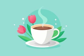 Obraz premium Aromatic Coffee Cup with Tulip Flowers on a Light Blue Background