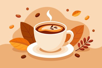 Autumn Coffee Cup with Leaves and Beans in Warm Earth Tones