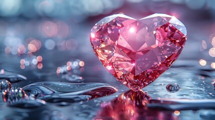 Pink heart-shaped jewel on wet surface. Bokeh and reflections create depth