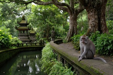 A monkey sits on a mossy wall beside a temple waterway