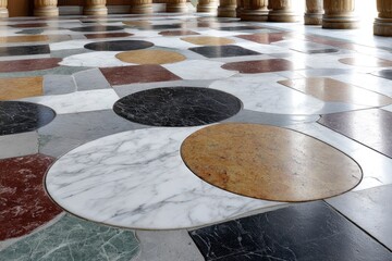 A marble floor with diverse stone circles and shapes beneath classical columns