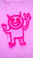 Cheerful Pink Cartoon Monster Doodle in Fluorescent Spray Paint on a Textured Wall with Artistic Details