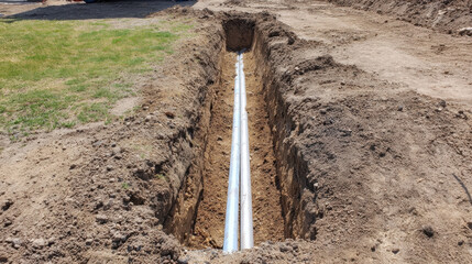 Deep trench with two white pipes laid in soil for underground installation showing exposed earth and grass nearby
