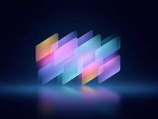 Colorful translucent geometric shapes with glowing reflections on dark background create futuristic and vibrant digital design