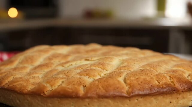 Close-up of a golden-brown baked dessert with a patterned top and sprinkled cinnamon, showing a shallow depth of field
