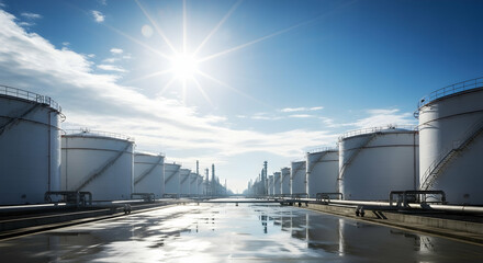Obraz premium Oil Refinery and Petroleum Storage Tanks Under a Bright Blue Sky, Industrial Energy Facilities