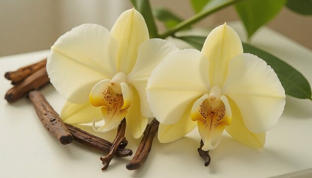 Orchid blossom with vanilla bean, delicate petals on white background