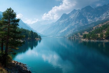 A serene lake reflects hazy mountains and sky framed by evergreen trees on rocky shores