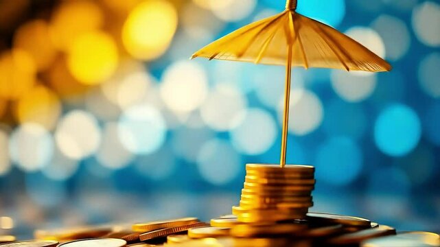 A decorative umbrella atop a stack of coins, symbolizing financial protection against uncertainty