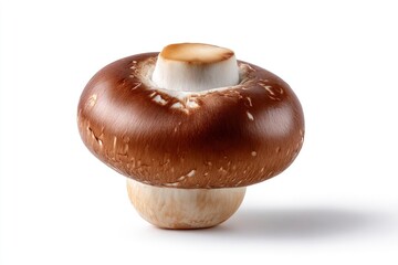 A single brown mushroom with a white stem casting a soft shadow on a white surface