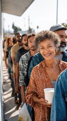 A long queue of diverse people waiting patiently at a community food distribution center