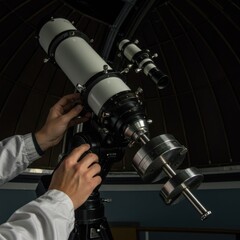 A Person Adjusts a Large Telescope Inside a Dome Observatory at Night for Astrophotography