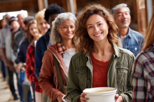 A long queue of diverse people waiting patiently at a community food distribution center
