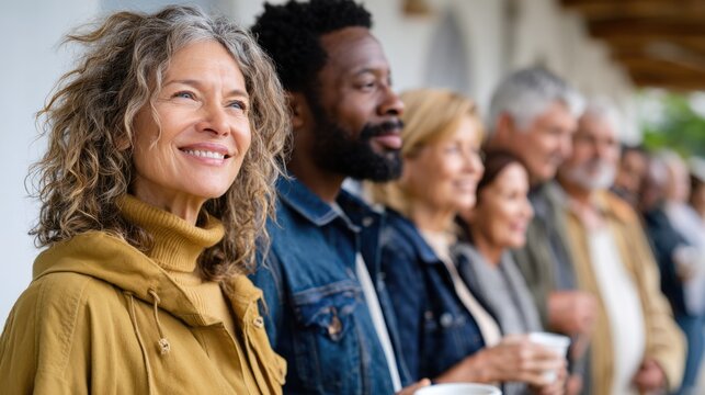 A long queue of diverse people waiting patiently at a community food distribution center - Powered by Adobe