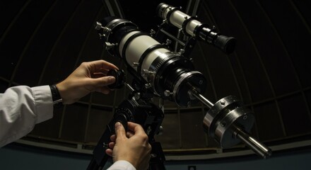 Astronomer Adjusting Telescope in Observatory Dome: Nighttime Celestial Exploration
