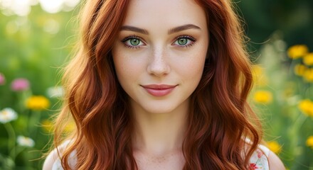 Beautiful Young Woman with Long Wavy Red Hair and Freckles Smiling Gently Outdoors in a Sunny Field of Wildflowers