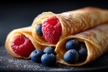 A stack of filled crepes with berries dusted with powdered sugar arranged on a dark plate