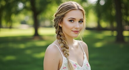 Beautiful Young Woman With Braided Hair And Flowers In A Sunny Summer Park Outdoors