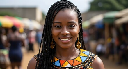 Young African Woman Smiling Joyfully Wearing Traditional Clothing in Busy Outdoor Market Setting