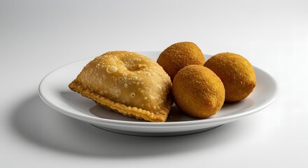 Delicious Golden Fried Pastries and Savory Appetizer Balls Served on a White Plate Isolated on a White Background
