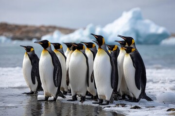 Fototapeta premium A group of emperor penguins tightly gathered on a slushy beach