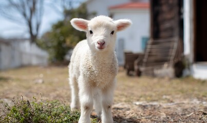 Obraz premium An extremely cute and mini lamb with fluffy and soft white wool is standing on the ground, and there are some small vegetation on the ground. 