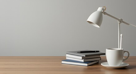 Modern Desk Setup with White Lamp Notebooks and Coffee Cup on Wooden Surface Demonstrating Focused Workstation