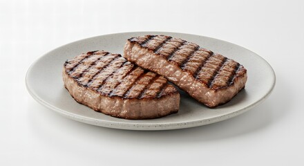 Two delicious grilled beef steaks seasoned with salt and pepper resting on a ceramic plate isolated on a white background