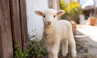 Obraz premium An extremely cute and mini lamb with fluffy and soft white wool is standing on the ground, and there are some small vegetation on the ground. 