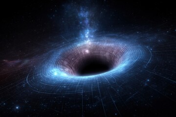 This digital illustration depicts a black hole distorting the center of a galaxy, showcasing the mysterious and powerful forces at play in space.