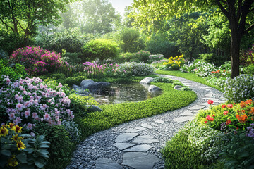 Obraz premium A tranquil garden with blooming flowers, a small pond, and a stone path winding through the greenery. Calm Garden Retreat with Pond and Vibrant Spring Flowers