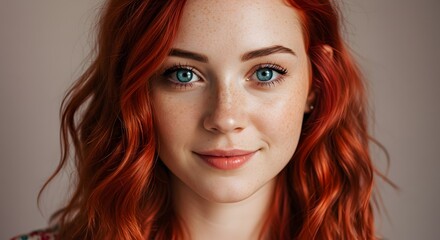 Young Woman with Vibrant Red Hair and Blue Eyes Smiling Gently Expressing Joyful Contemplation