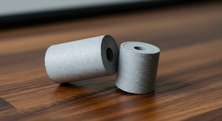 Two textured gray cylindrical components with open centers resting on a wooden surface in a close up shot