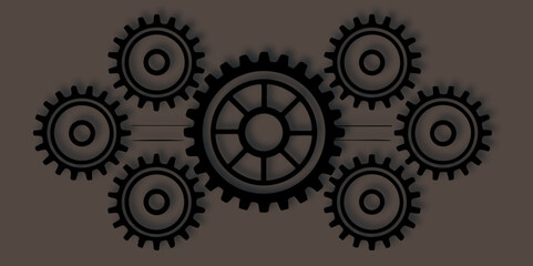  seven gears connected by lines on a neutral background in a simple and clean style, conveying precision and connection.