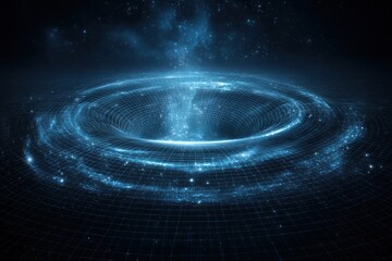 A digital illustration of a blue circular shape on a black background, resembling a black hole distortion.