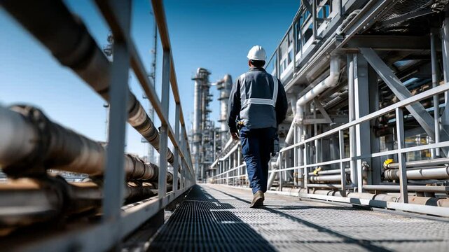 An Industrial Worker is walking through an Oil Refinery Facility today