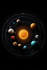 illustration of the entire solar system showing the sun at the center with all planets orbiting around it in perfect circular paths