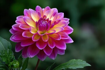 A vibrant dahlia blooms with purple  yellow petals set against a blurred green backdrop