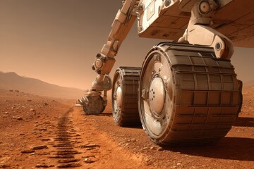 A high-resolution scene of a Mars rover robot exploring the red planet's surface with a large machine. The futuristic rover is equipped with advanced technology for planetary exploration.