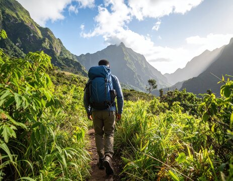 Hiker on a trail through lush tropical mountains