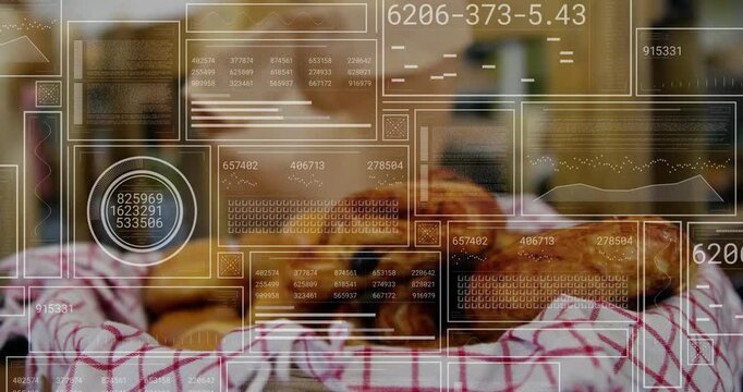 Scanning interface fading in over bakery pastries, updating panels and gauges for quality check